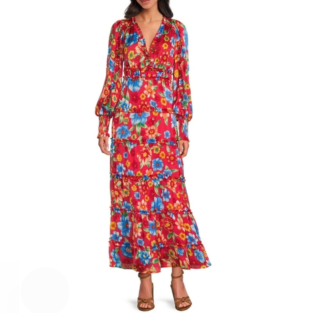 Chelsea & Violet Maxi Dress L Red Floral Chiffon Margaux Tiered Long New $160